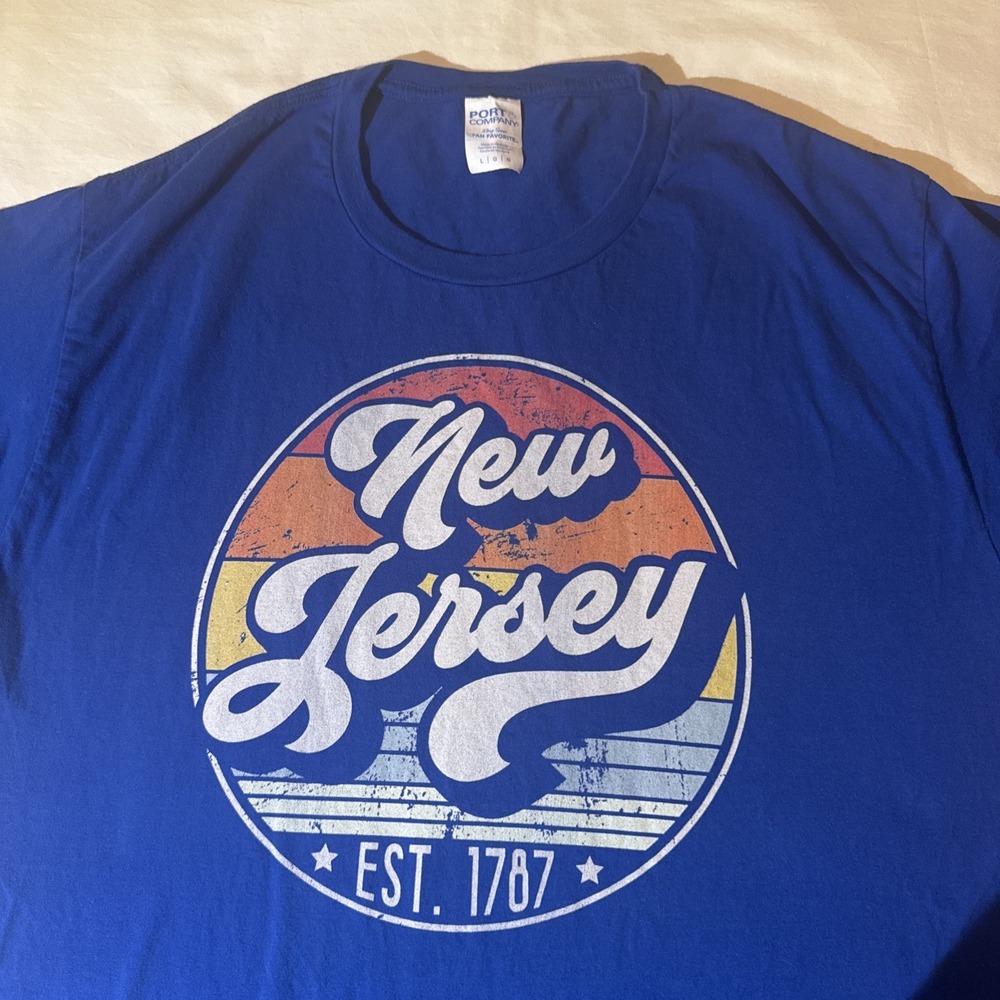 New Jersey T Shirt Mens L Retro Sunset Graphic Tee NJ Est 1787 Heather Blue